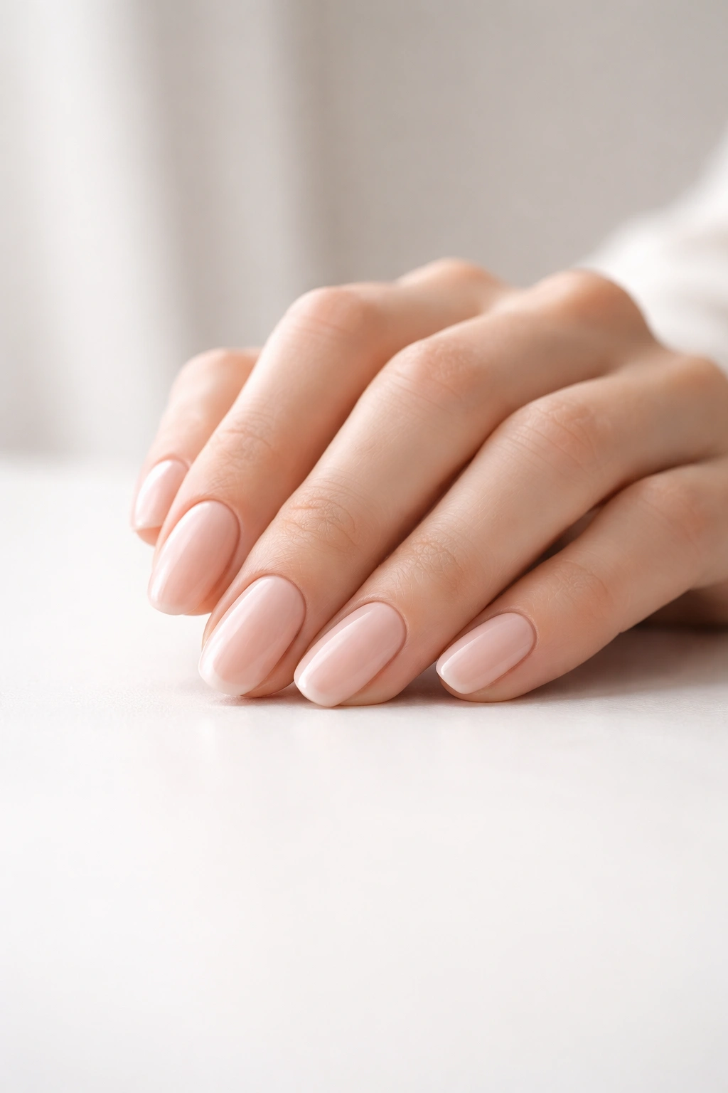 Hand with round nails resting on neutral surface, symbolizing final personal choice on nail shapes