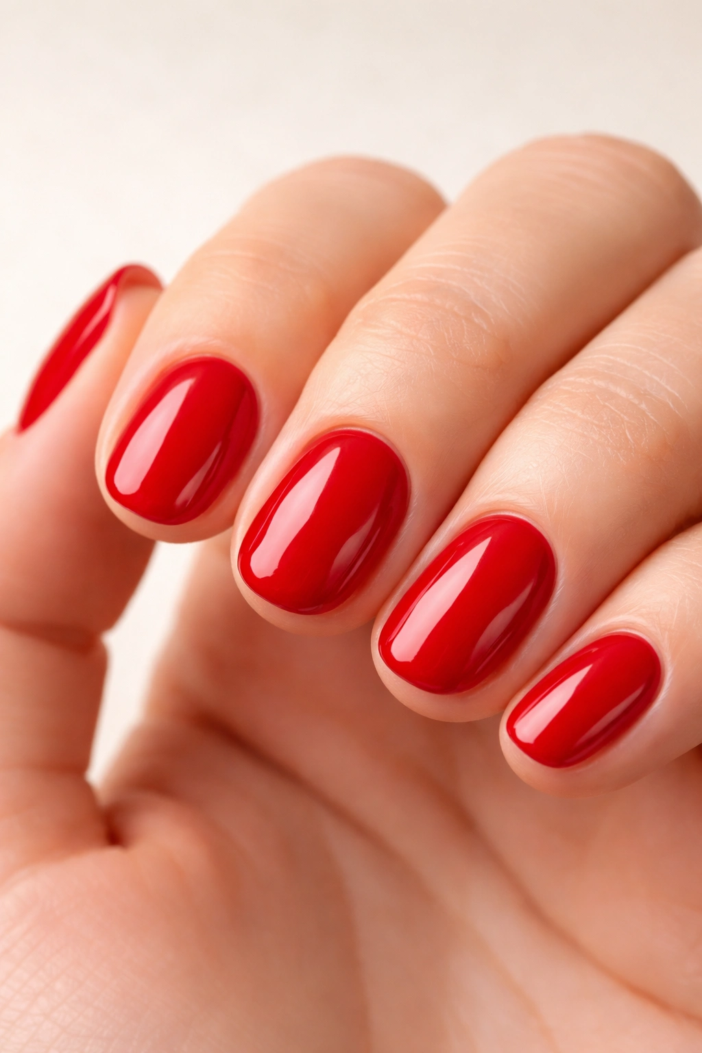 Close-up of short rounded nails painted glossy red against a neutral background