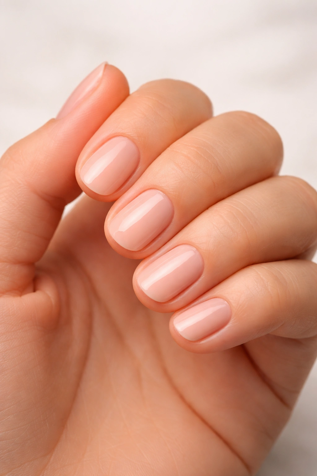 Close-up of a hand with short rounded nails against a neutral backdrop