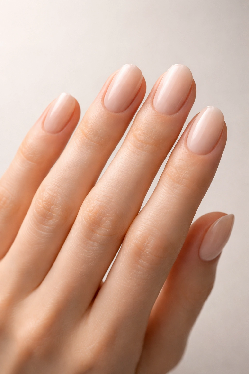 Close-up of a hand with round nails on slim fingers showing lack of elongation