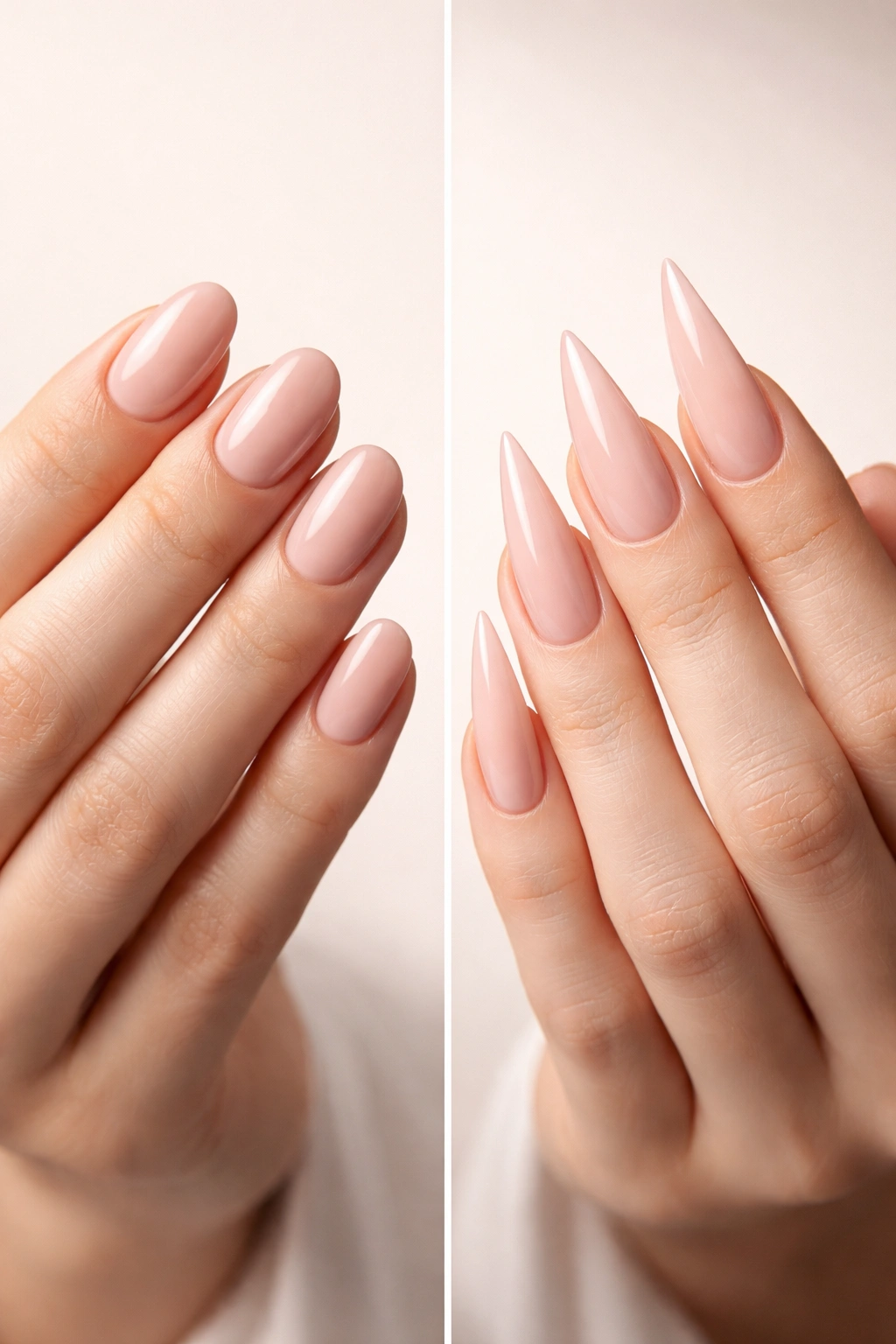 Close-up of hands showing rounded nails and stiletto nails to illustrate aesthetic difference