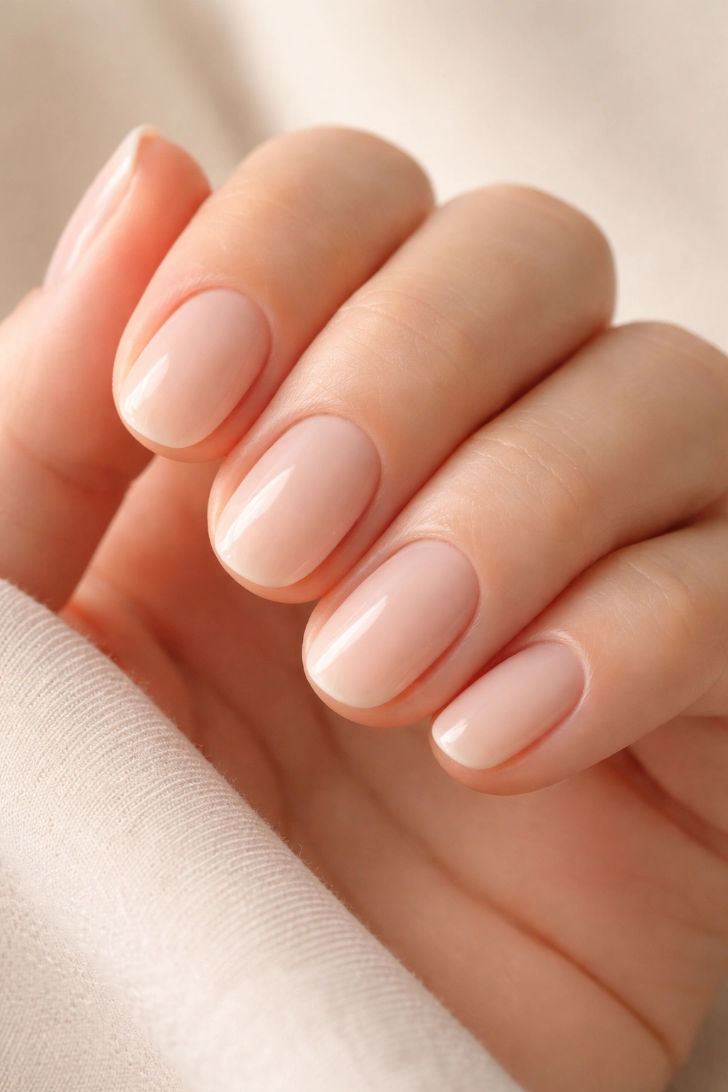 Close-up of hands with round nails showing soft curved edges and short length