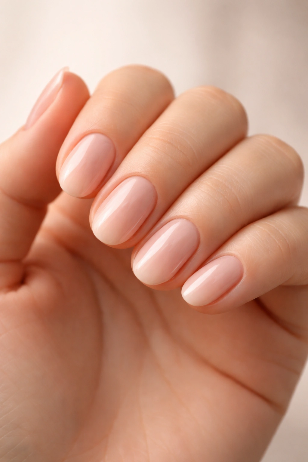 Close-up of round nails following the natural fingertip curve