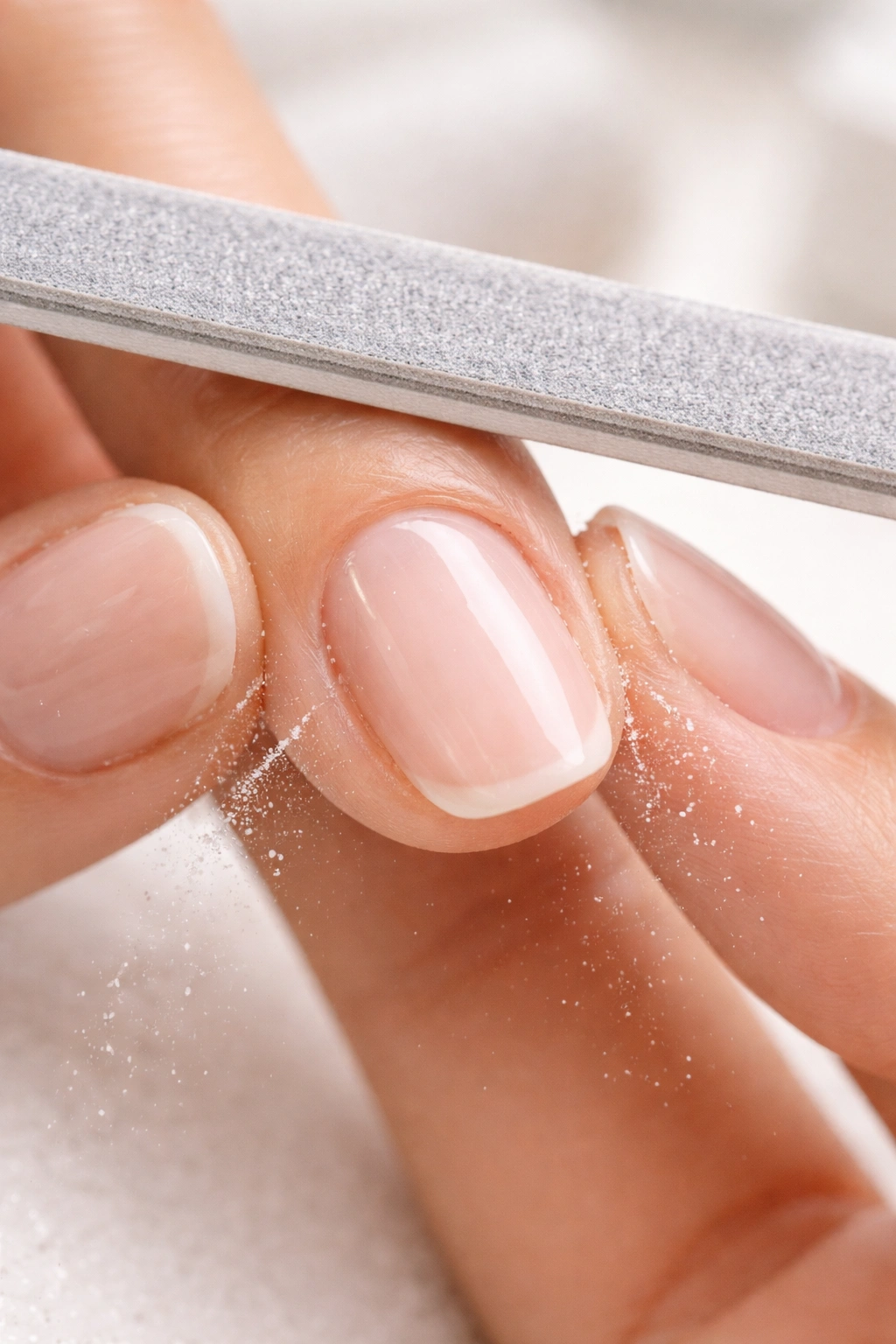 End-on close-up of a natural nail being filed on both sides to form a rounded edge