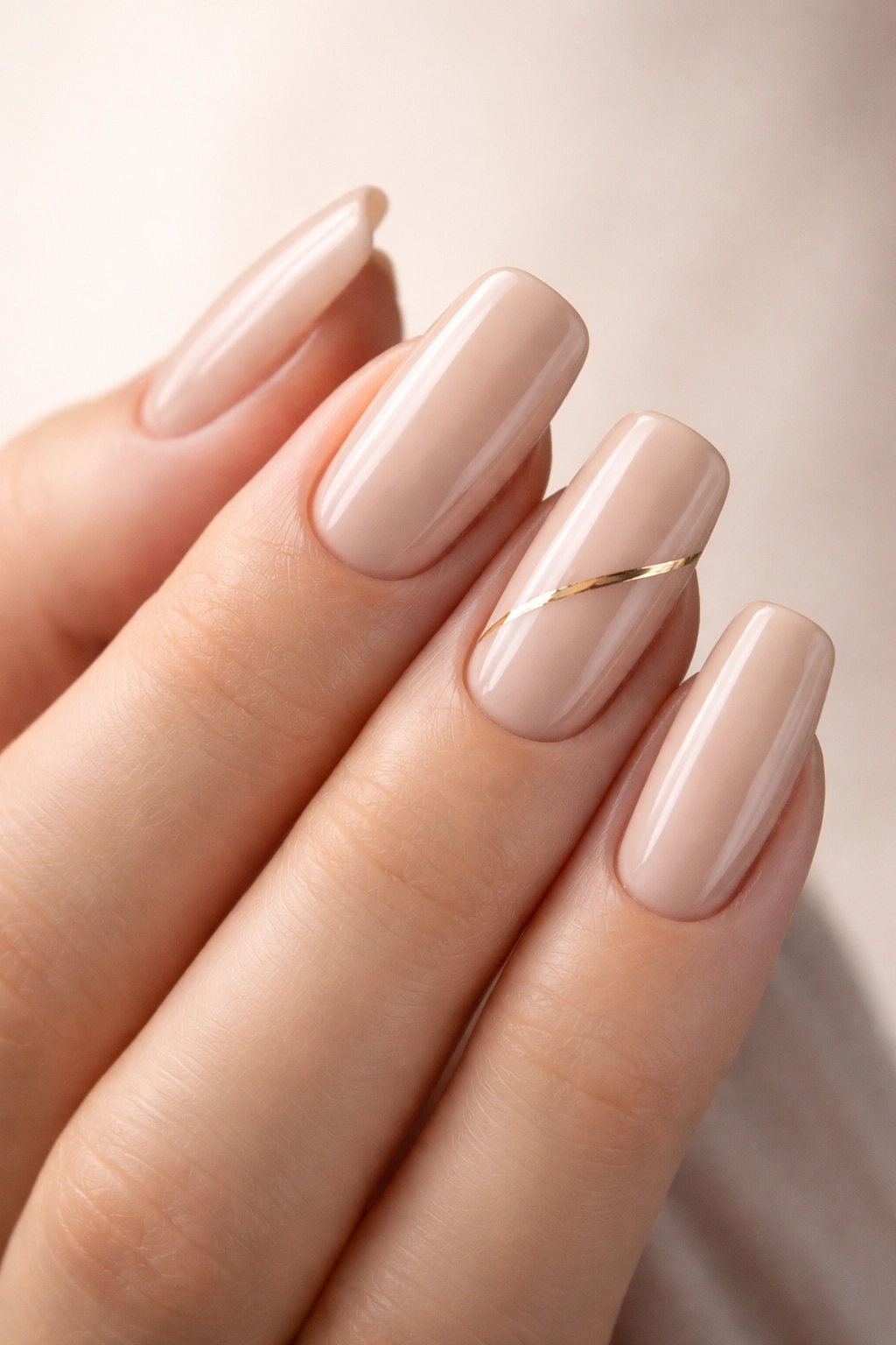 Close-up of long rounded square nails in nude polish with a gold line on a neutral backdrop