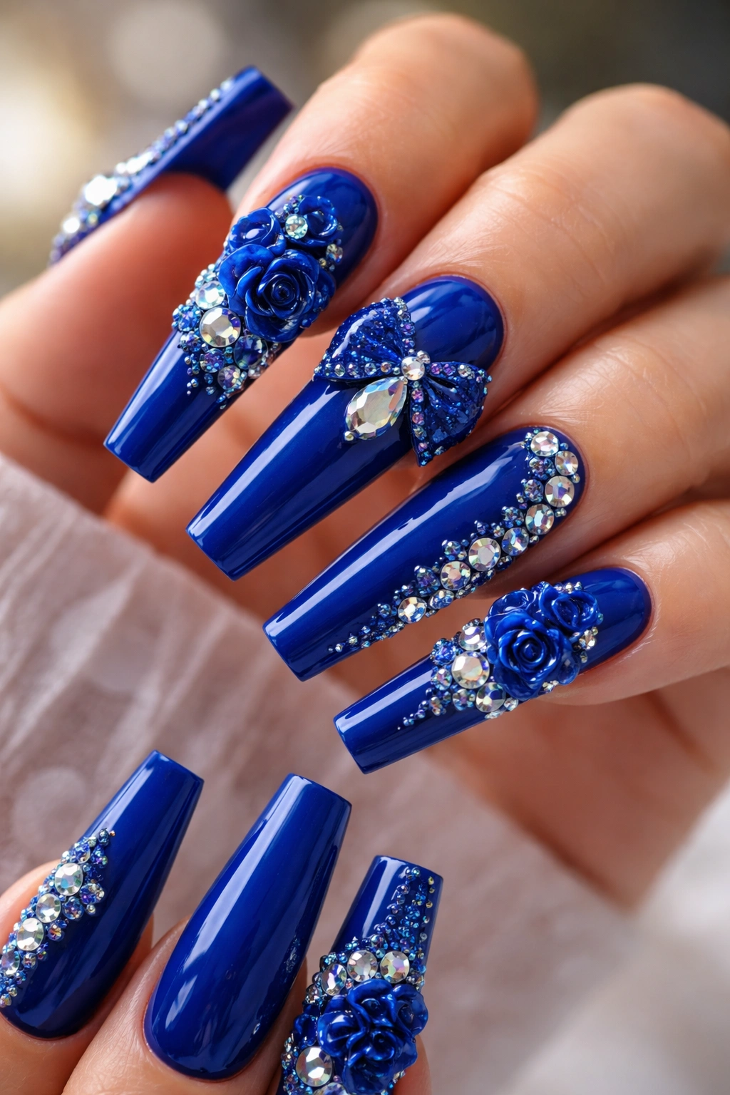 Close-up of royal blue coffin nails with 3D embellishments
