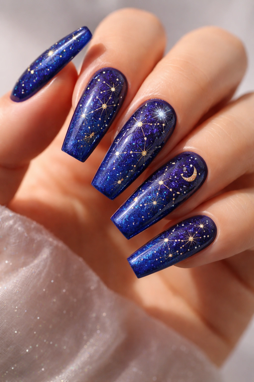 Royal blue coffin nails with starry constellation design
