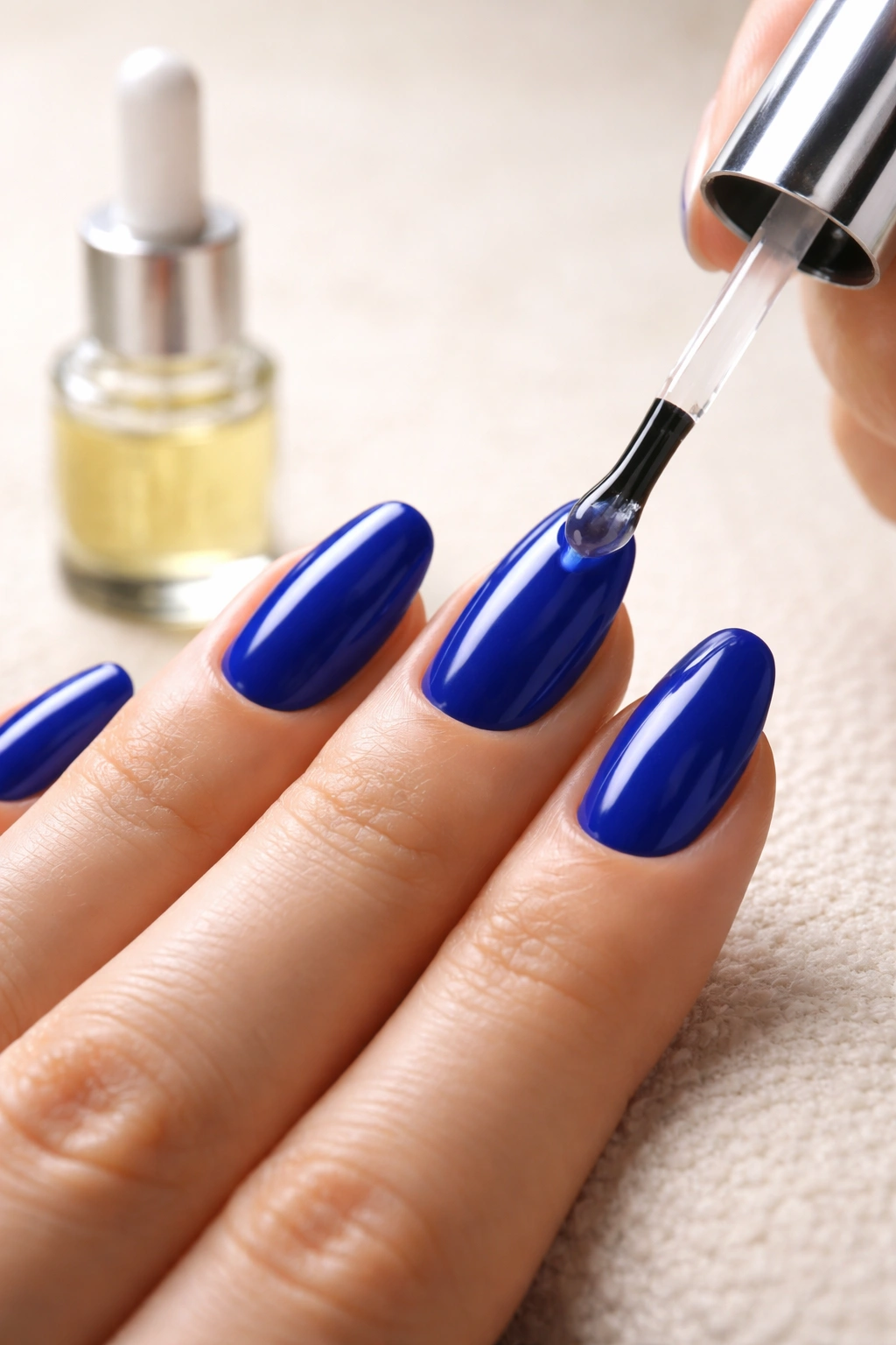 Hand applying top coat on royal blue nails in a studio