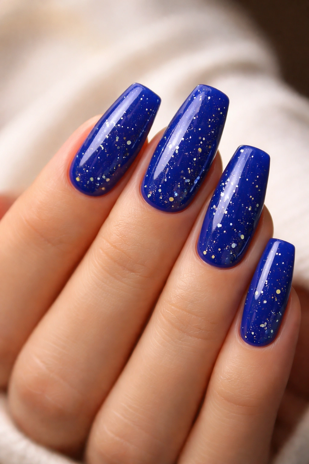 Nails with royal blue base and subtle confetti flecks