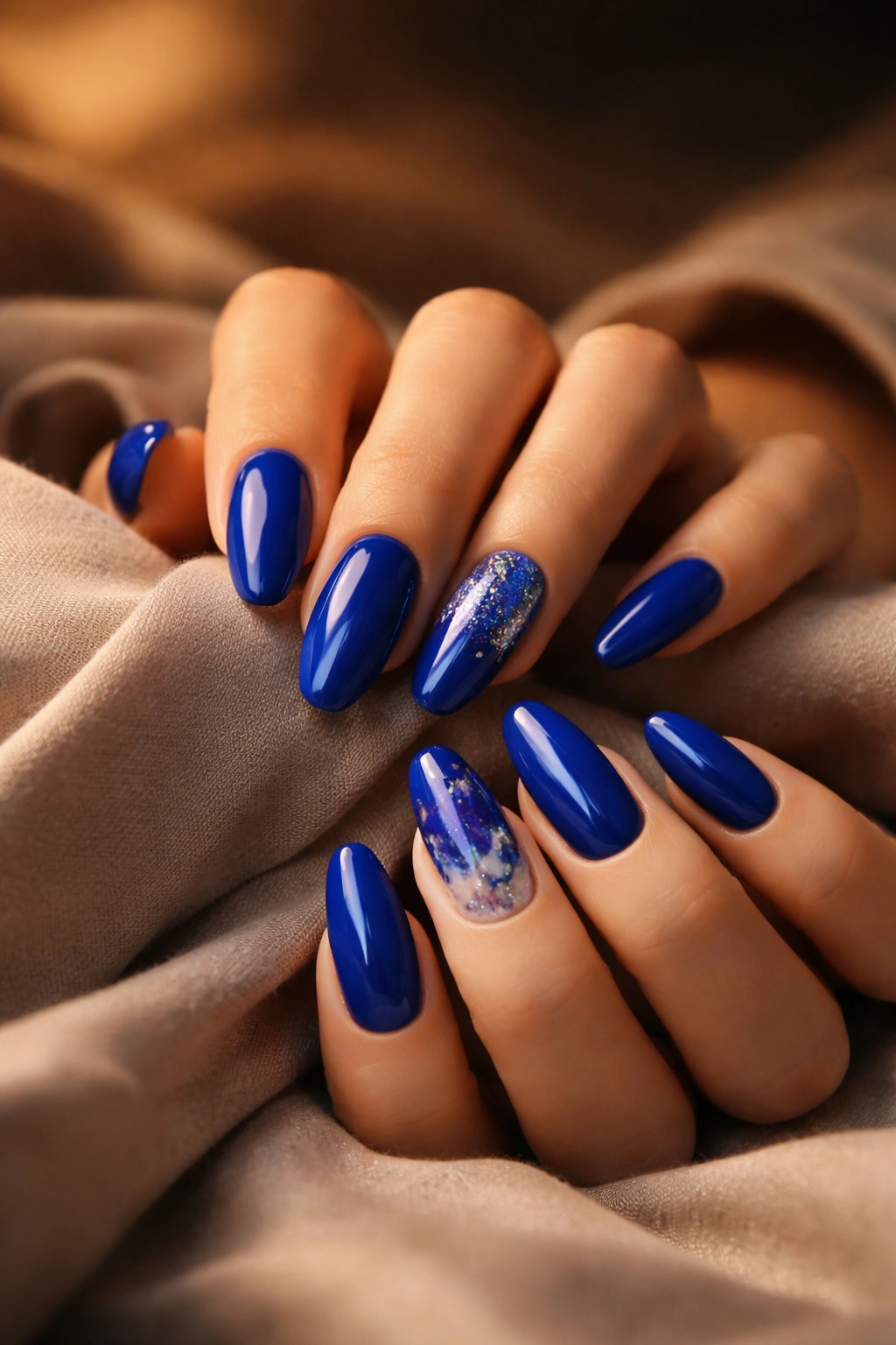 Close-up of hands with royal blue nails under warm lighting, contemplative mood