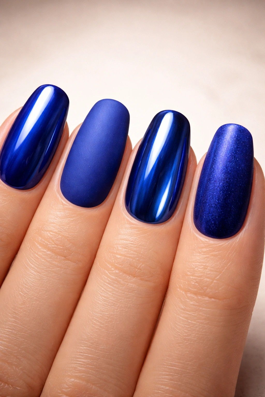 Nails swatches showing glossy, matte, chrome, and velvet royal blue finishes
