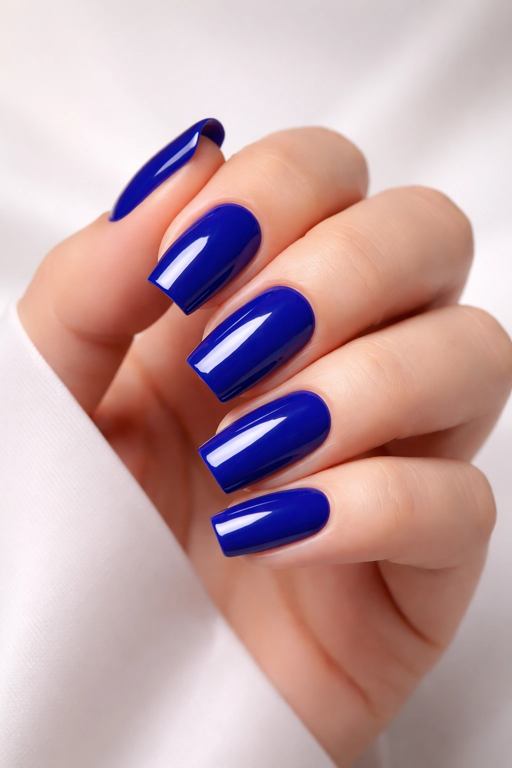 Close-up of classic glossy royal blue manicure on nails