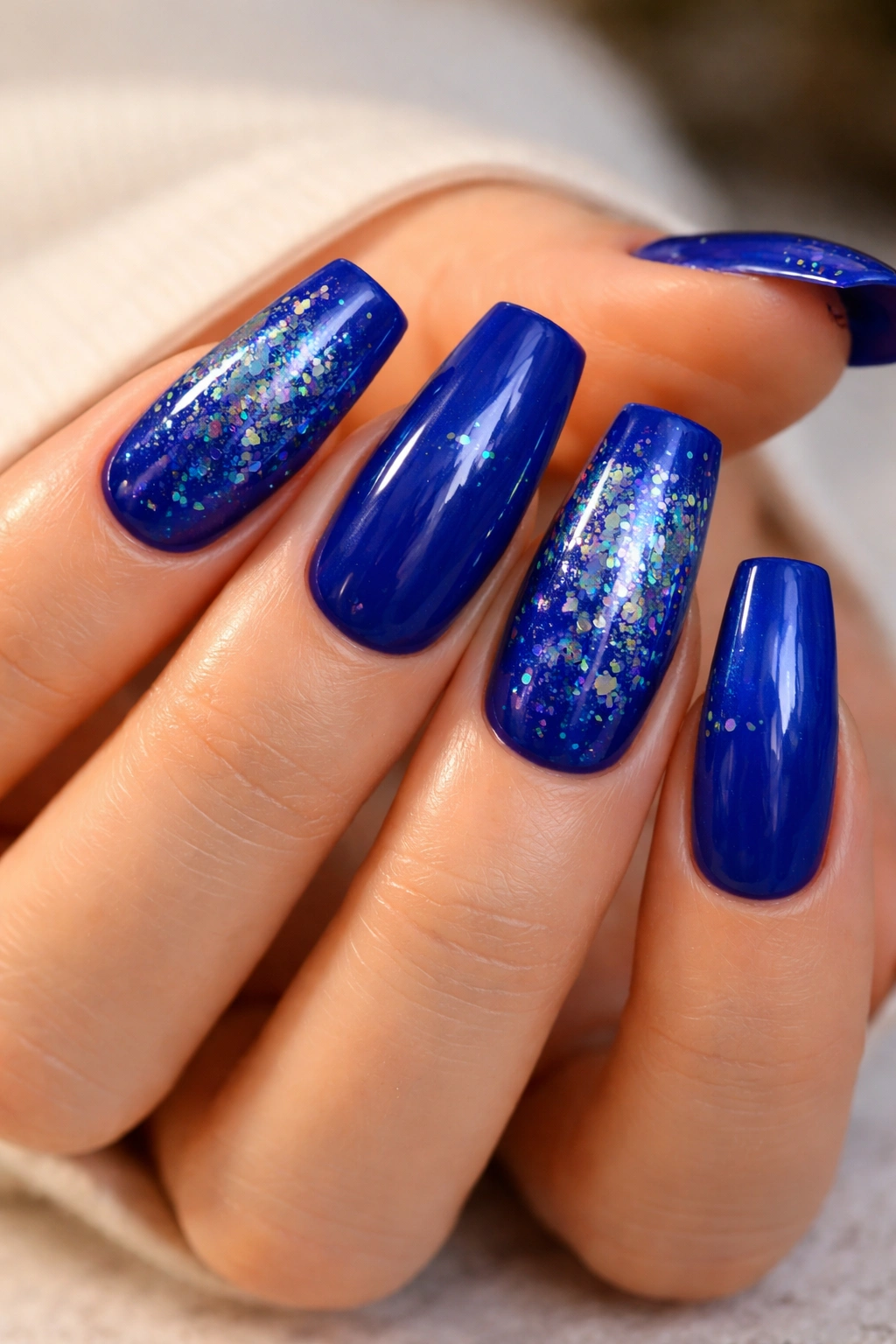 Nails with royal blue base and holographic accents catching light in a studio setting