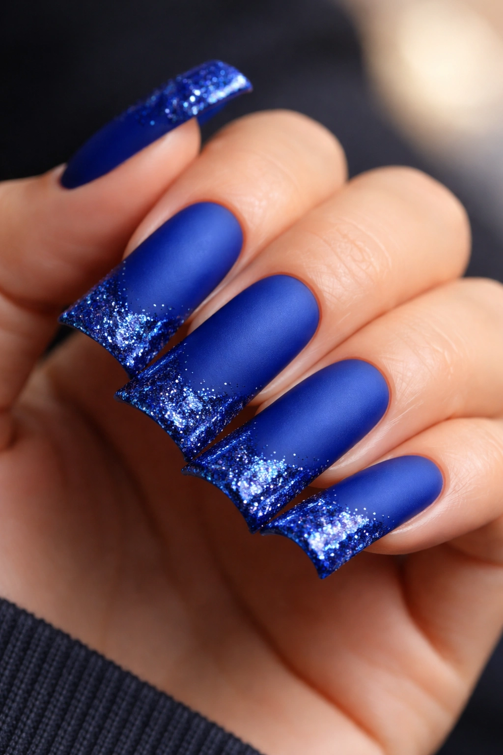 Close-up of royal blue duck nails with glitter tips and matte finish