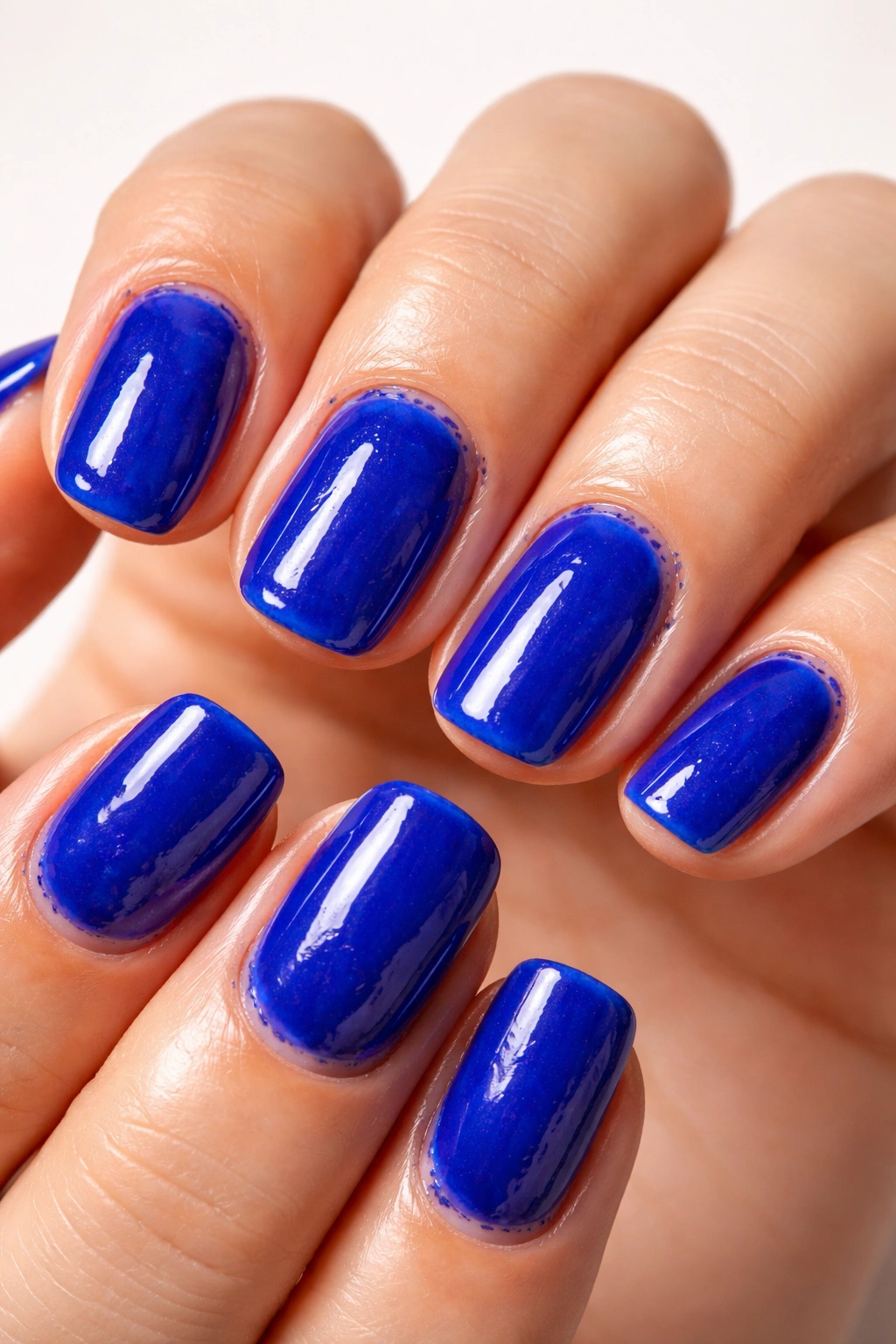 Close-up of royal blue nails showing uneven finish and thick coats illustrating common mistakes