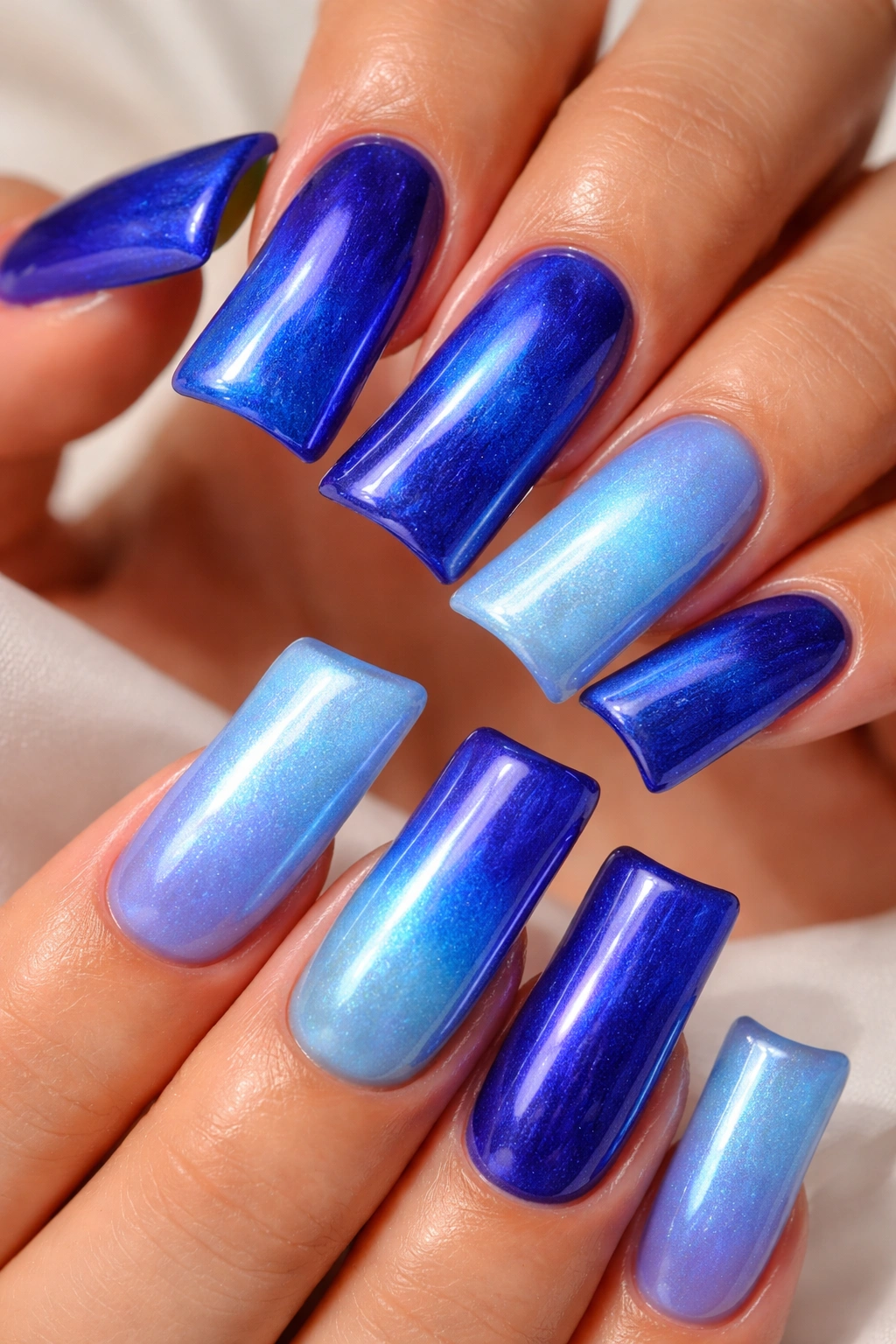 Duck nails with royal blue thermochromic polish changing color with temperature.