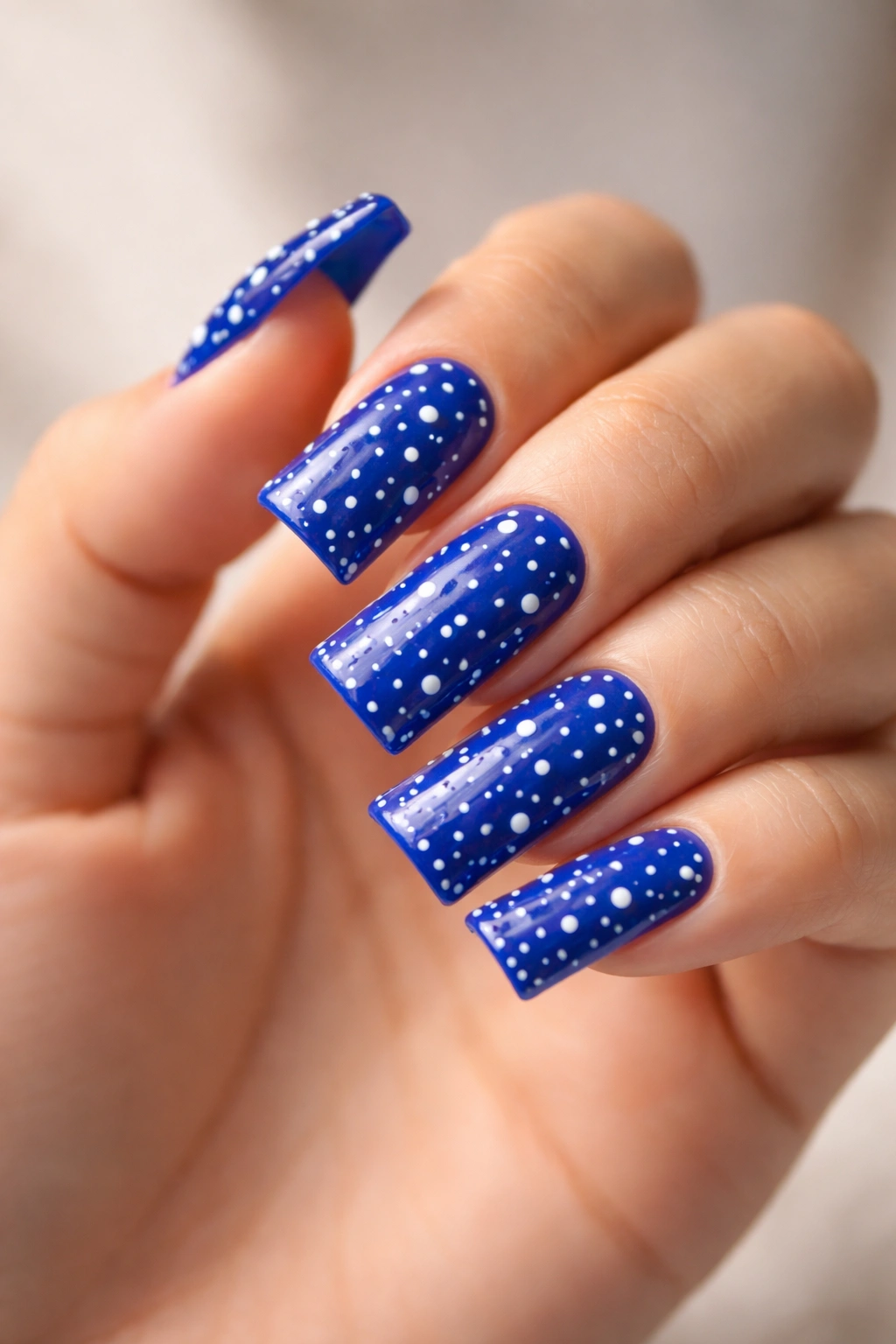 Close-up of royal blue duck nails with white dot pattern