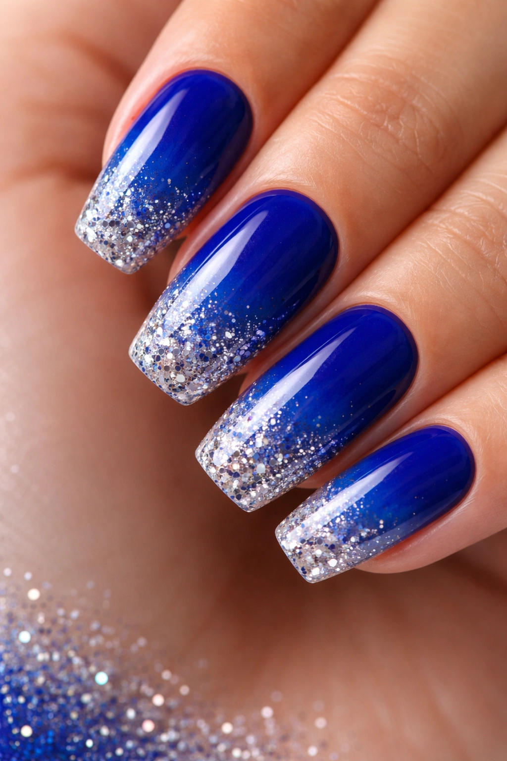 Close-up of royal blue ombre nails with glitter tips in a studio