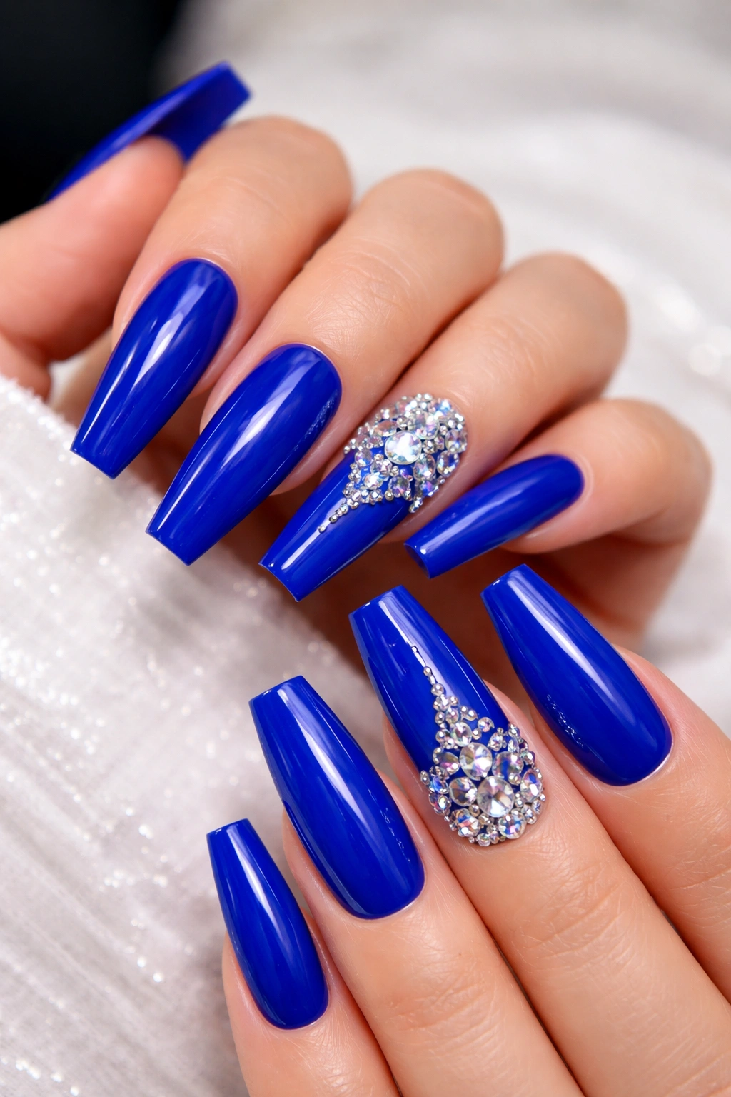 Royal blue coffin nails with rhinestones sparkle