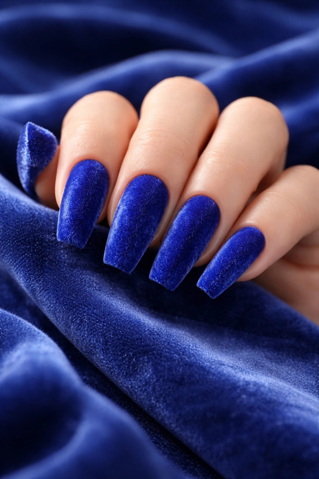 Close-up of royal blue coffin nails with velvet texture
