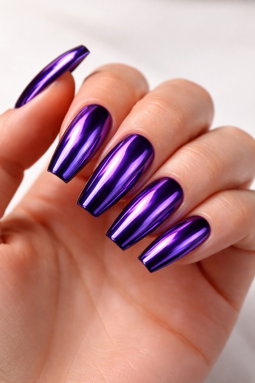 Close-up of royal purple coffin nails with chrome mirror finish