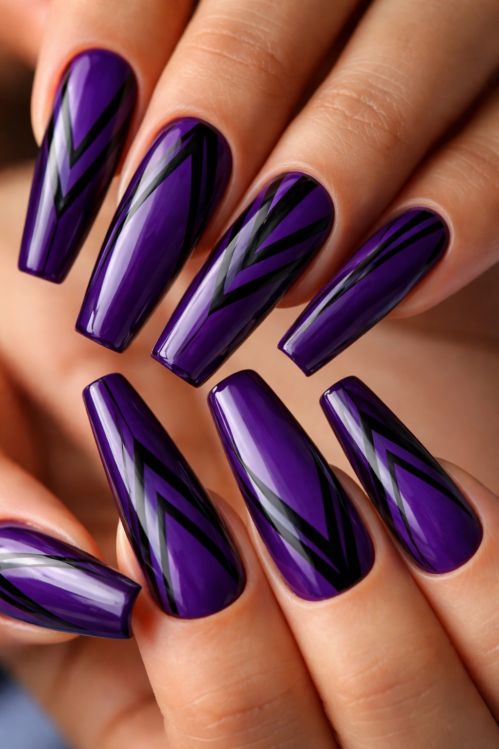 Royal purple coffin nails with black geometric line art