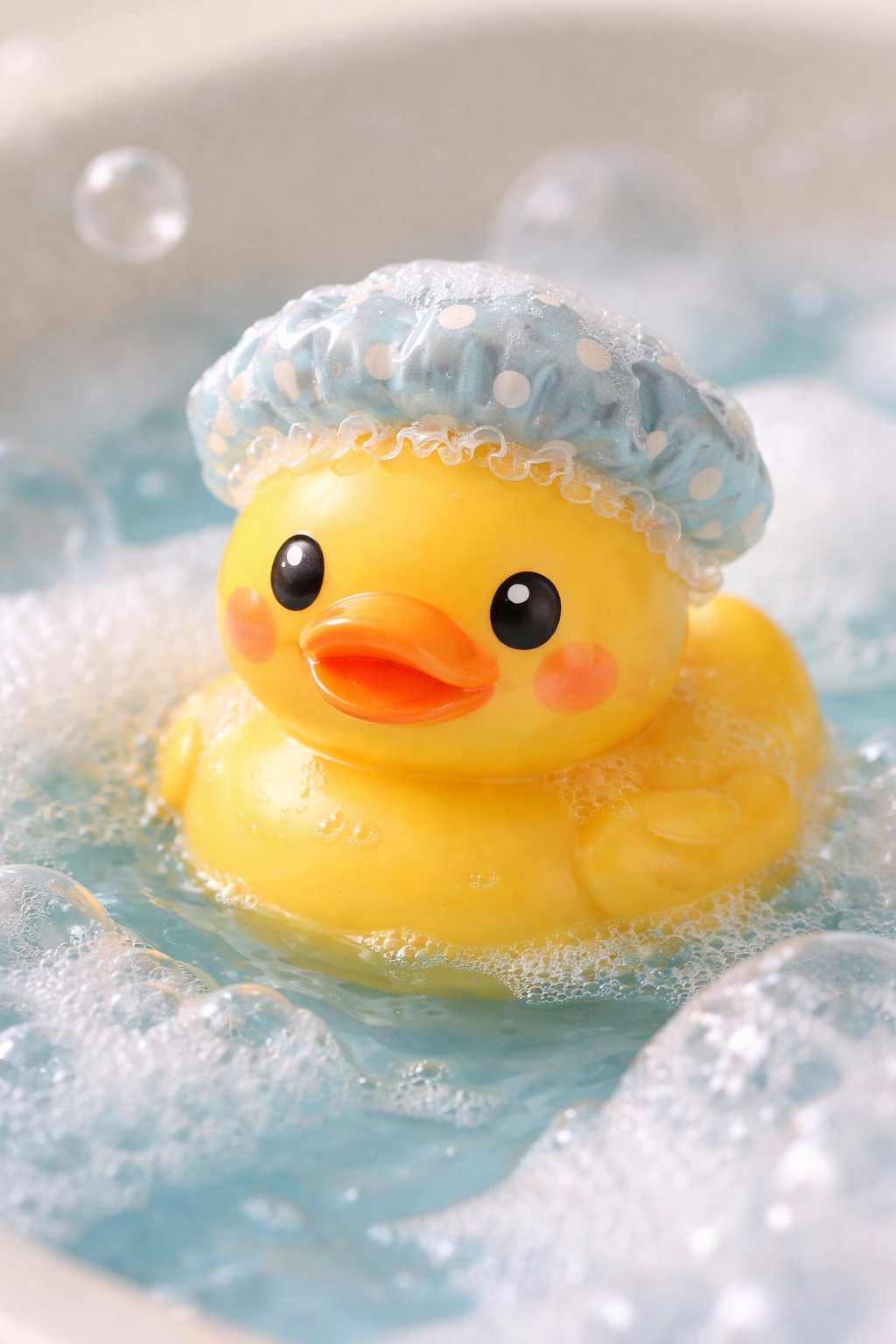 Plump yellow rubber duck nail art with bubbles on light blue background