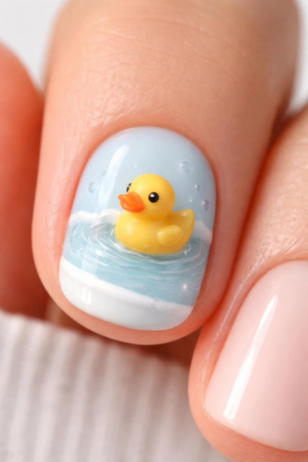 Nail with yellow rubber duck and water ripples