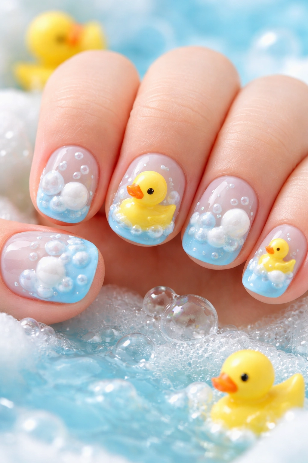 Nails depict a bath scene with a yellow rubber ducky and bubbles