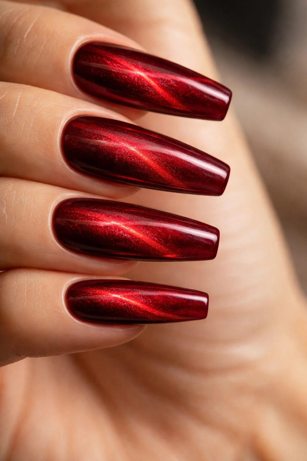 Close-up of ruby cat-eye nails showing shifting shimmer on long ballerina tips
