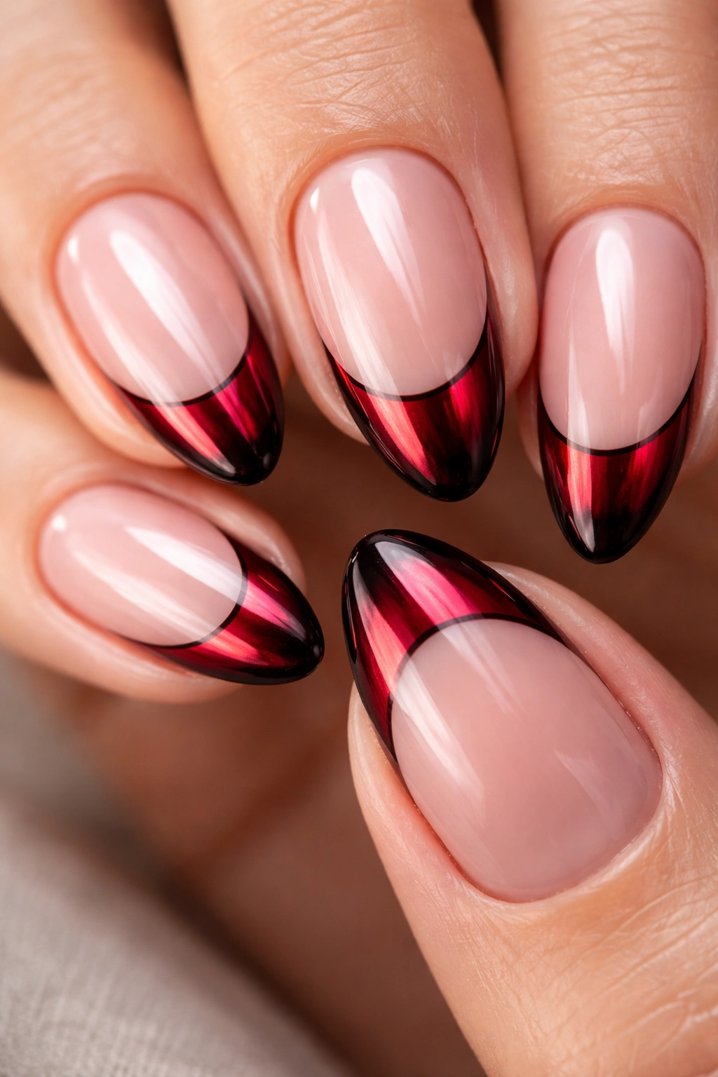Close-up of short almond nails with black tips coated in metallic ruby chrome