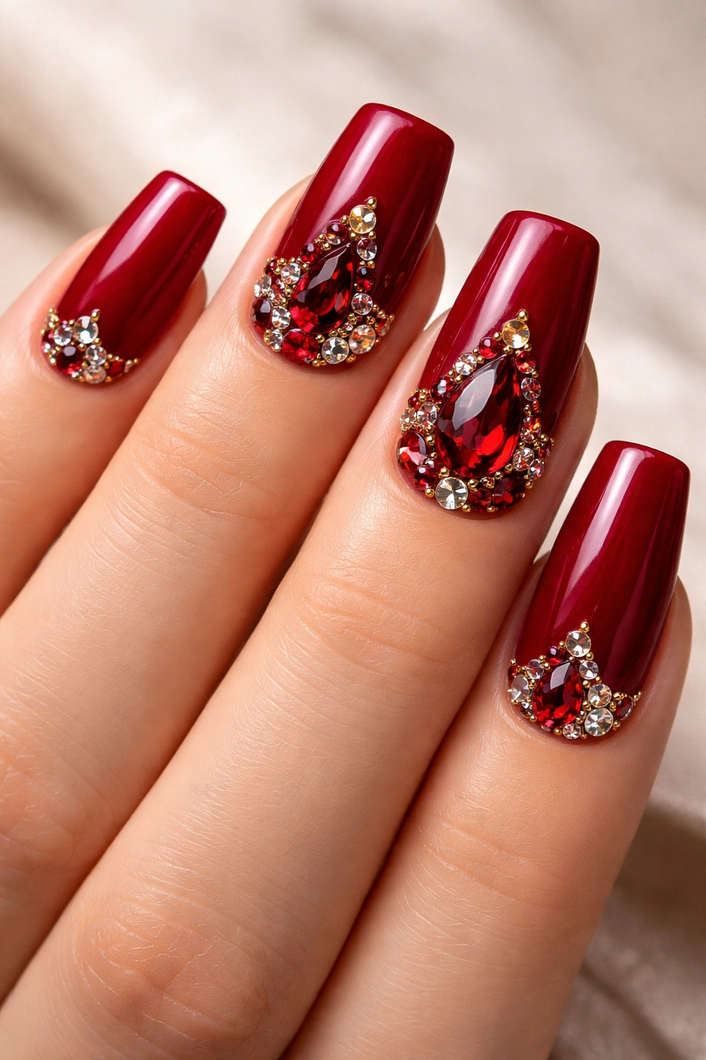 Ruby red nails with gemstone clusters at the base