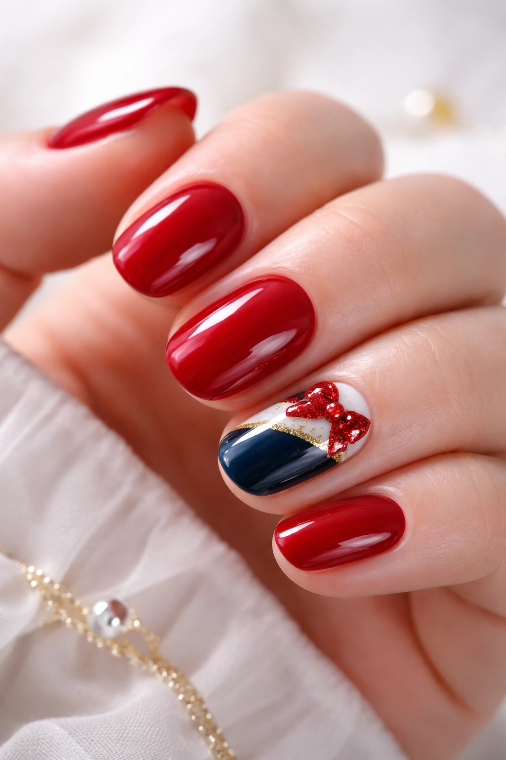Close-up of a hand with short glossy ruby red nails, Snow White-inspired manicure.