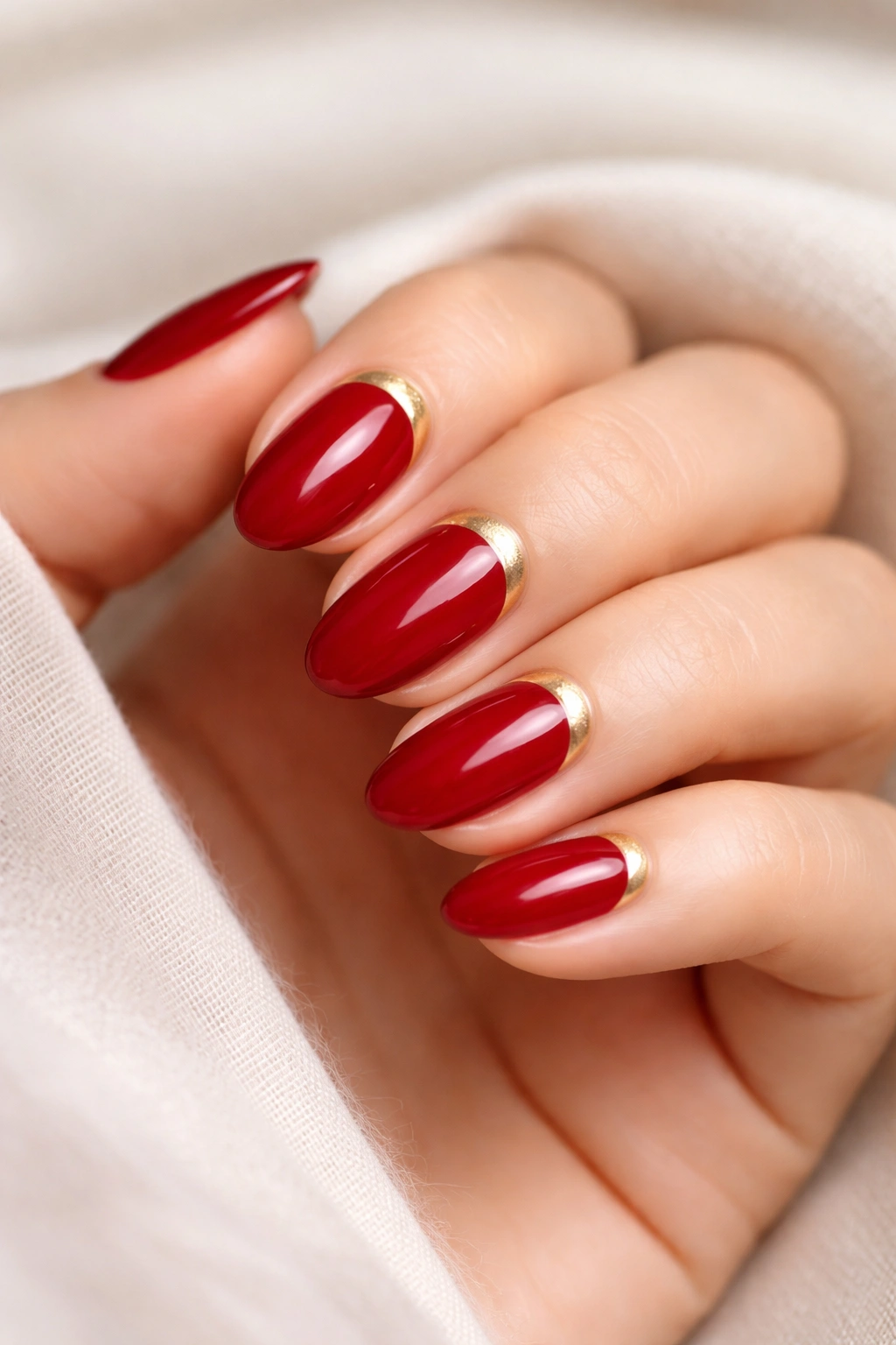 Close-up of ruby red nails with gold cuticle half moons