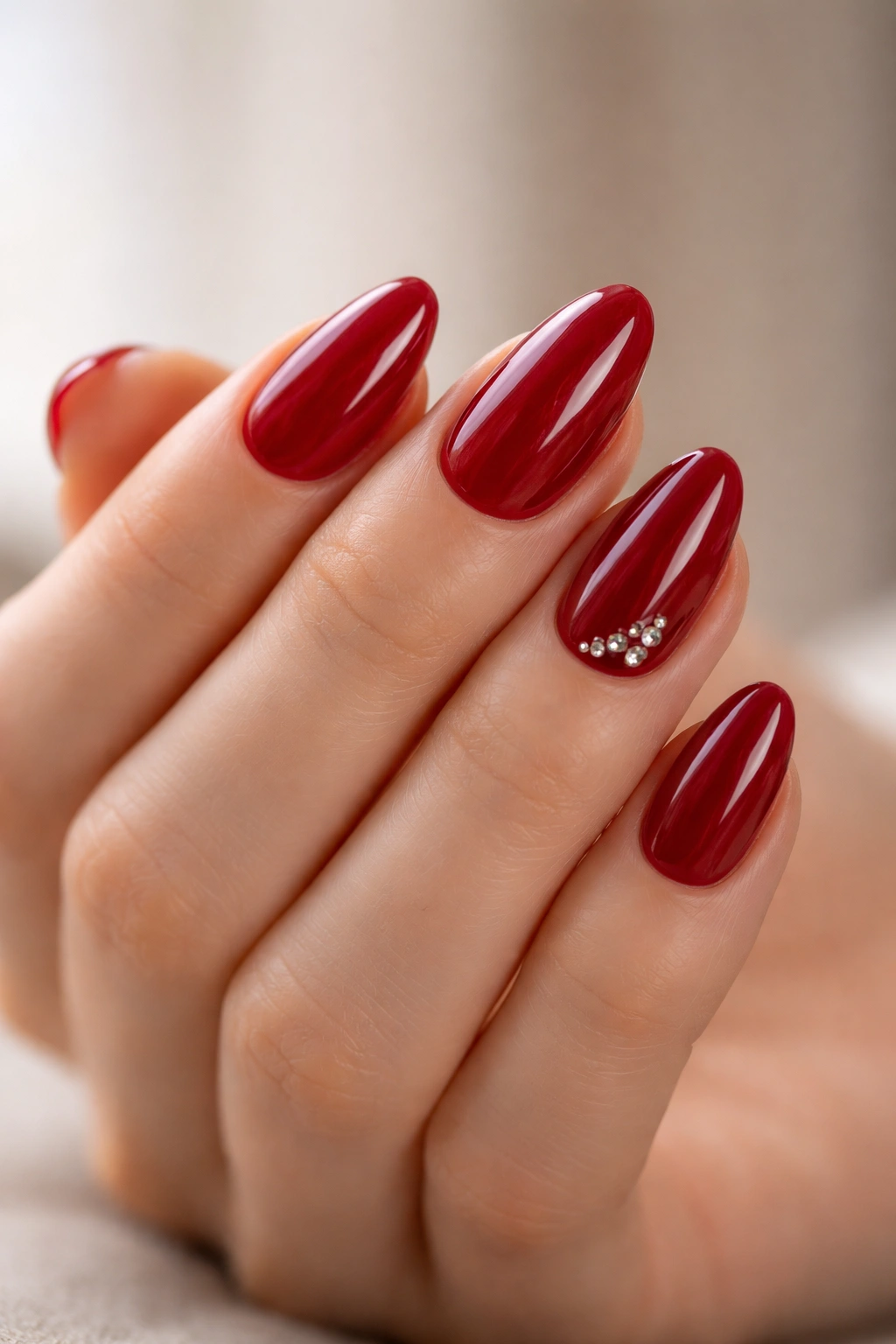 Close-up of short almond nails in ruby red with a tiny rhinestone near the cuticle on the accent nail