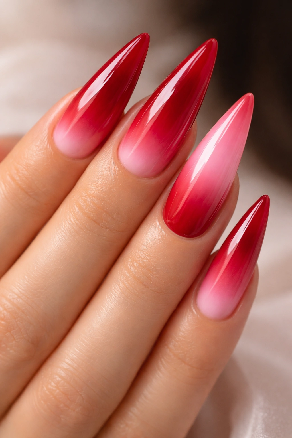 Stiletto nails with ruby red to pink ombre gradient
