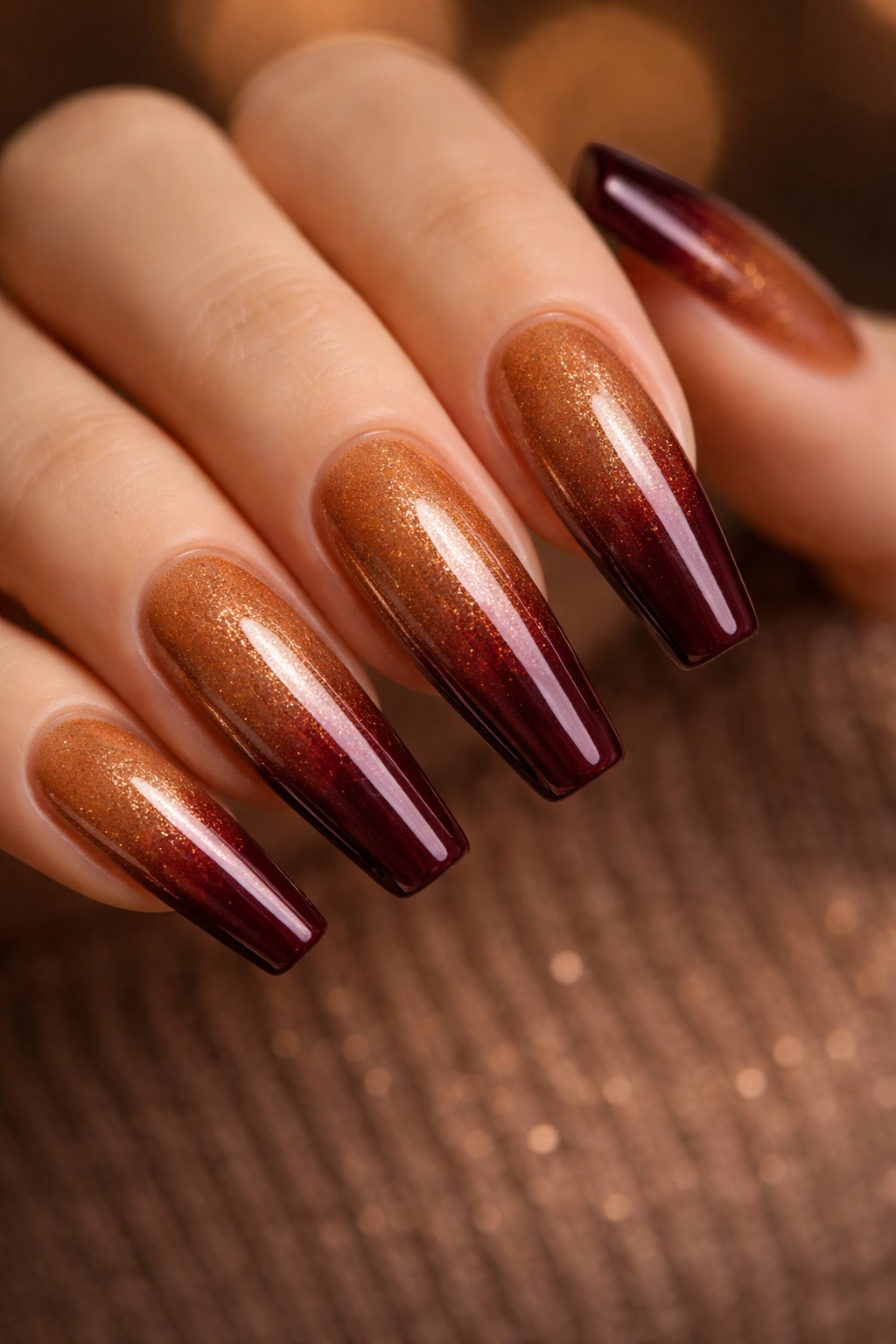 Close-up of long coffin nails with russet base, gold dust gradient, and burgundy tips
