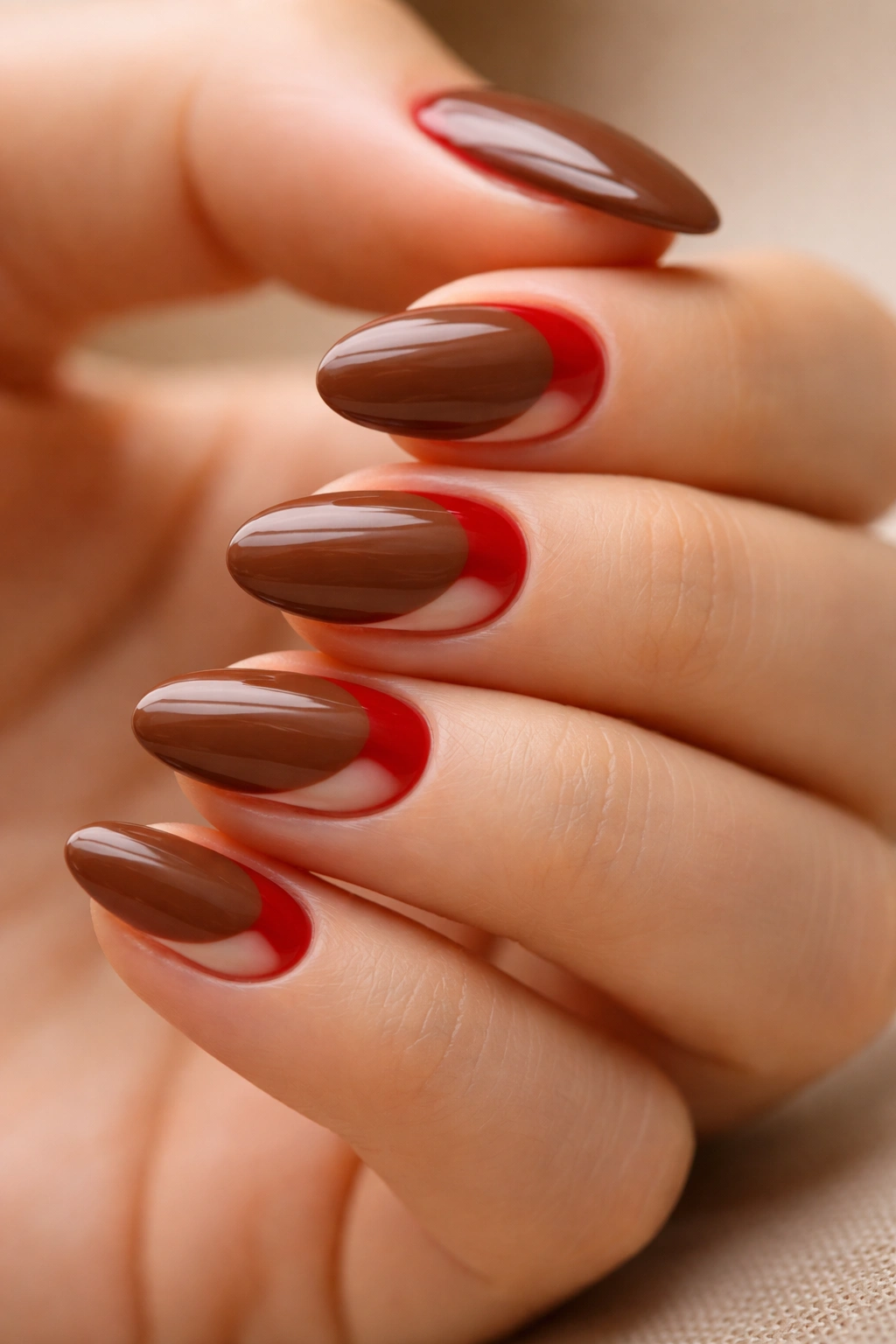 Short almond nails with russet brown and scarlet negative space design with curved boundary