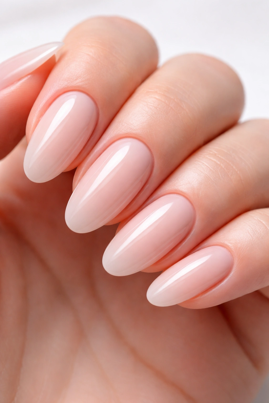 Extreme close-up of hand with precisely flush gel polish and clean cuticles.