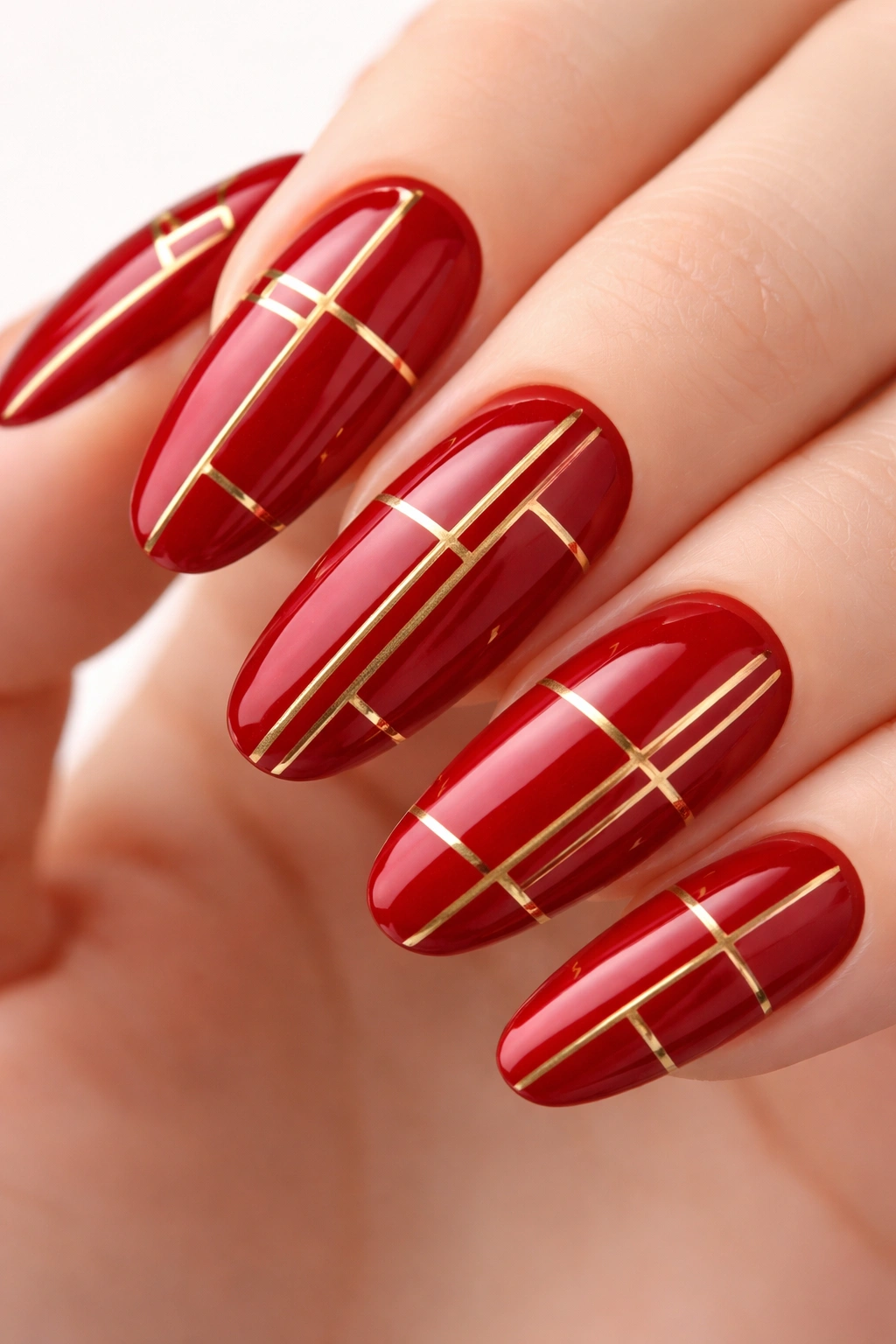 Russian red nails with thin geometric gold lines forming a grid across the nails.