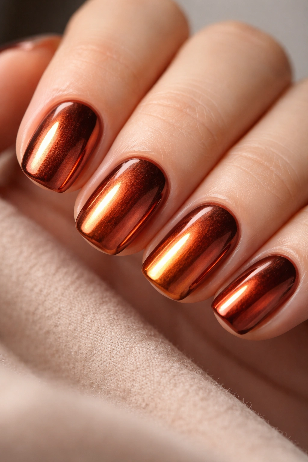 Close-up of short squoval nails with a rust and copper chrome finish