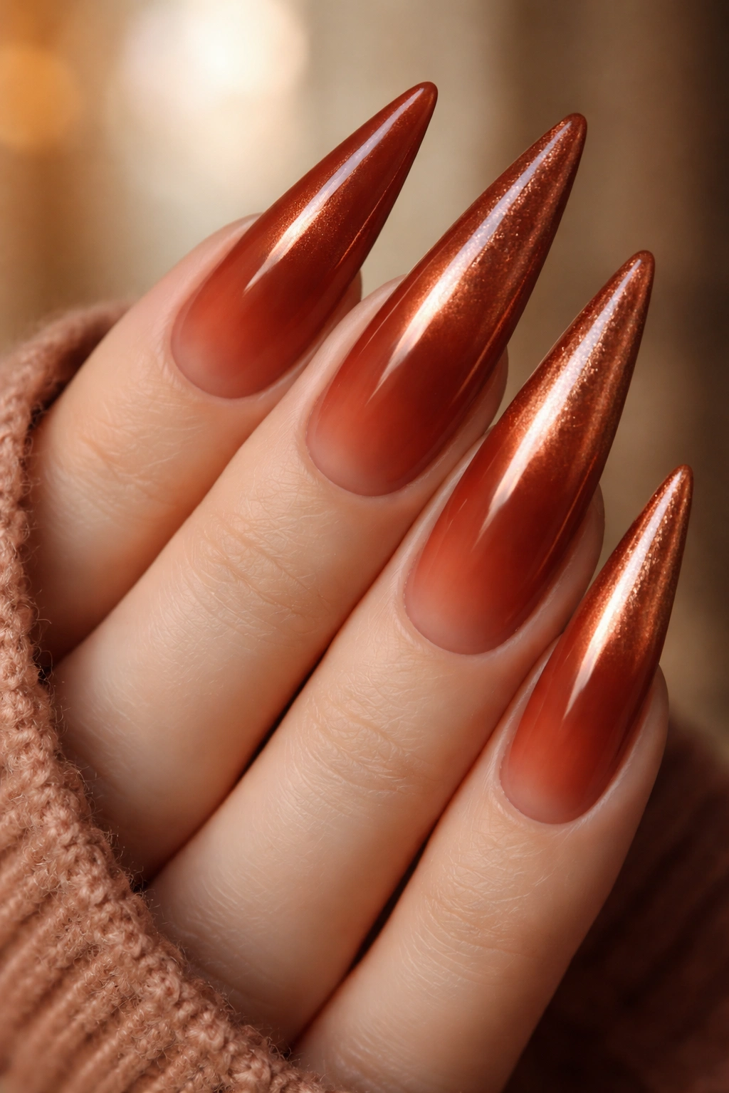 Rust to copper ombré on stiletto nails with warm gradient