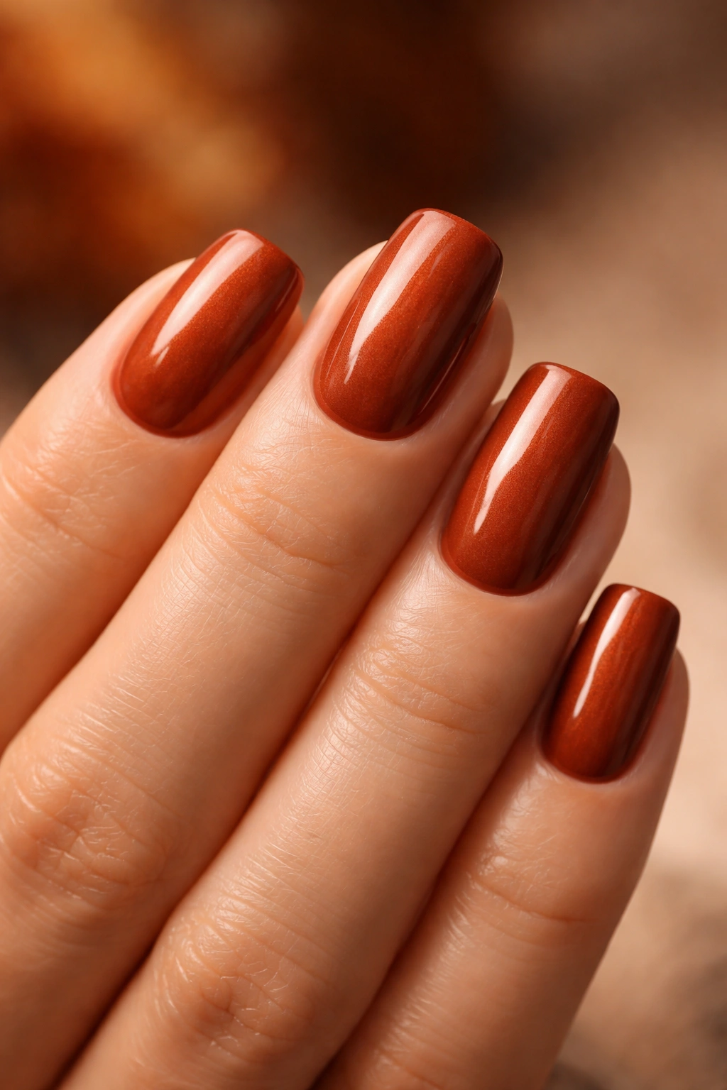 Close-up of nails painted Rust earthy reddish-brown shade