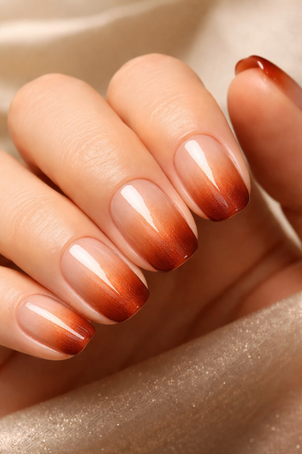 Champagne to rust ombre on short squoval nails.
