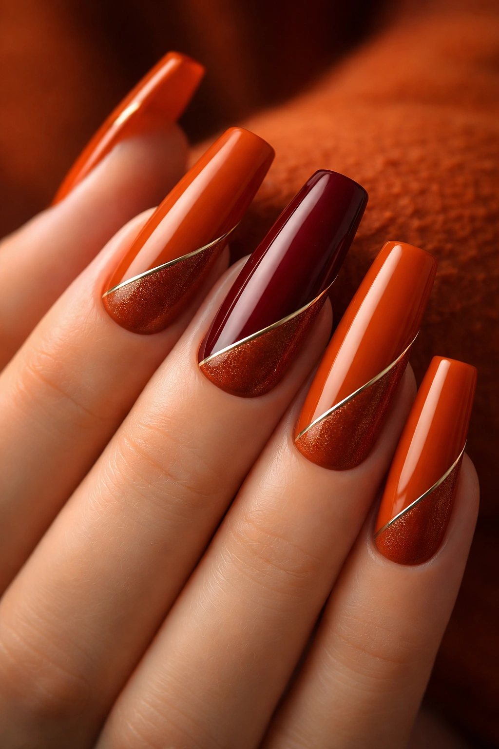 Rust orange nails with burgundy accent nail and metallic line