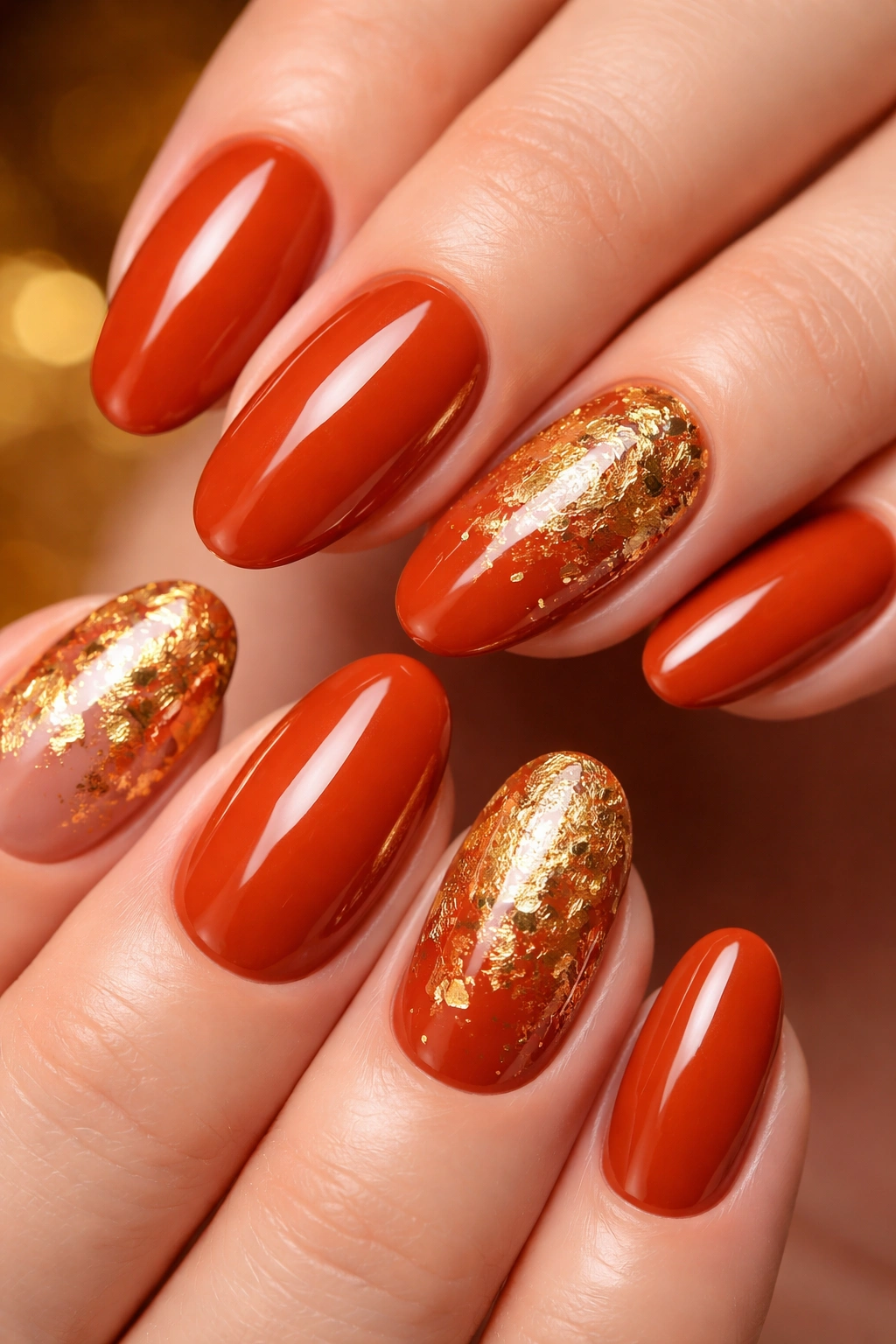 Rust orange nails with gold foil accents on a simple background