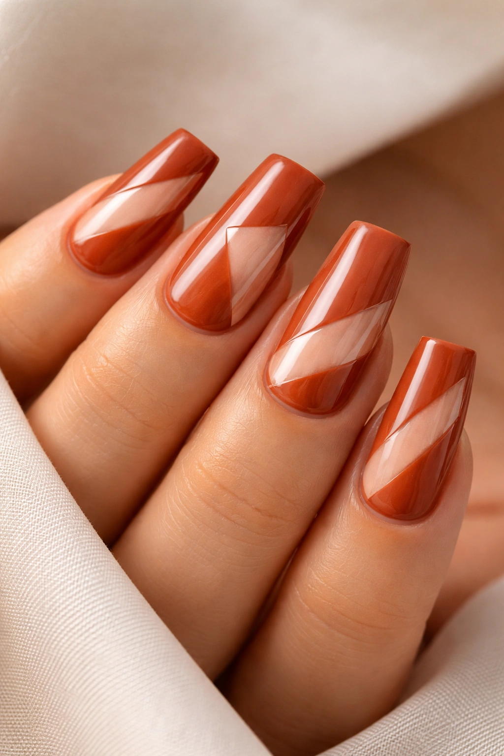 Duck nails in rust-orange with negative-space geometric designs on a neutral background