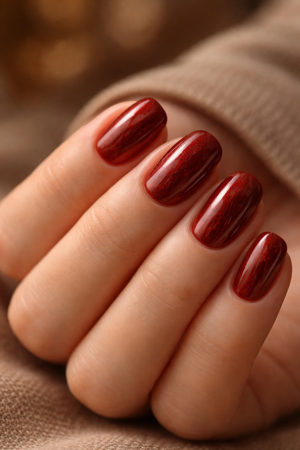 Close-up of short oval nails in rust red velvet shade
