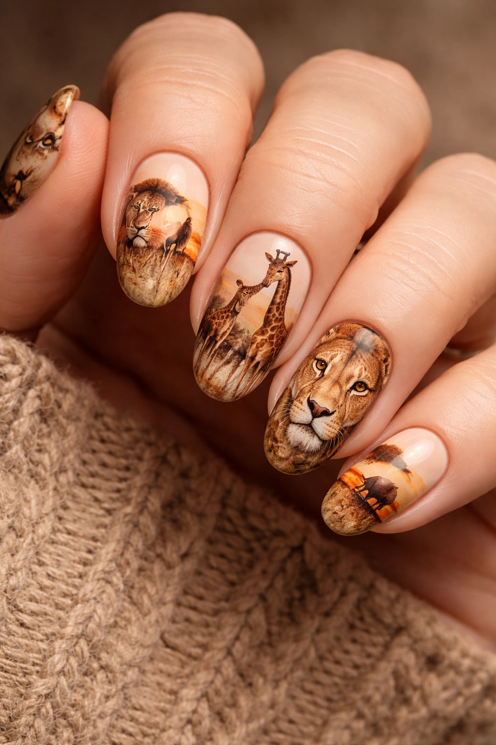 Nails featuring lions and giraffes in earthy tones