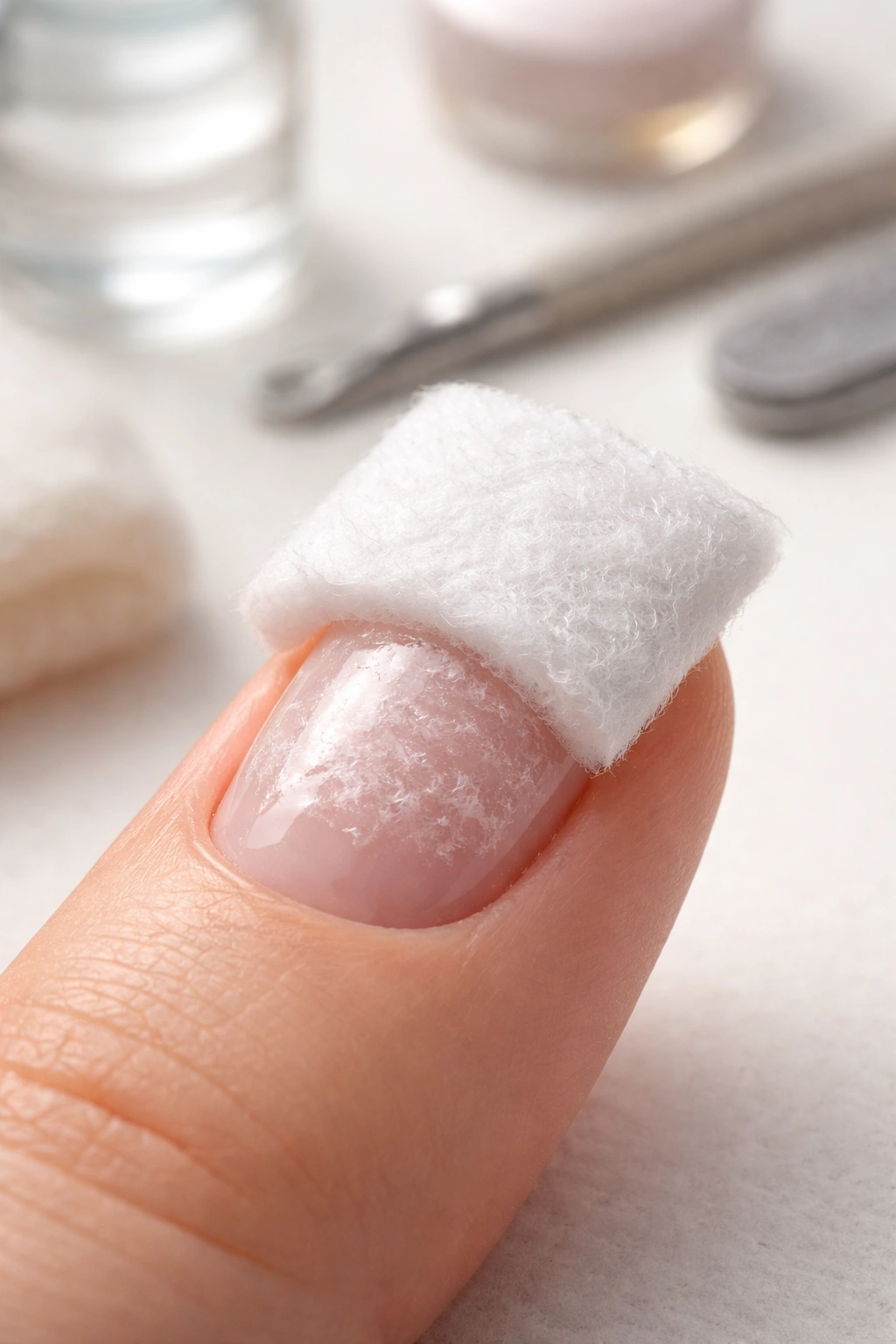 Close-up of a nail with acetone-soaked cotton for safe removal
